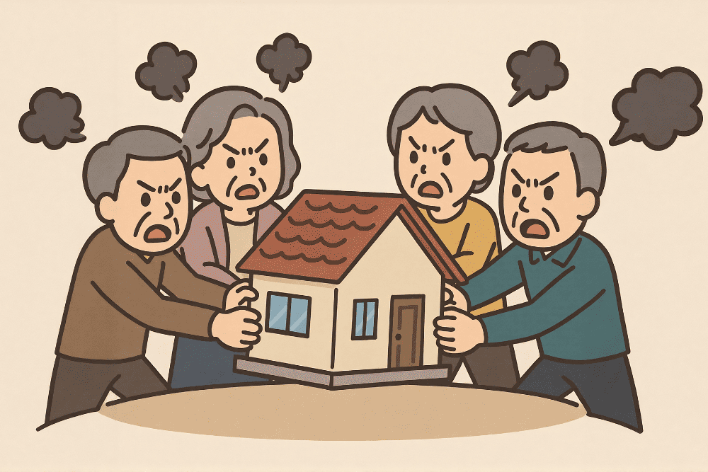 四位長者圍著房屋相互拉扯的插畫