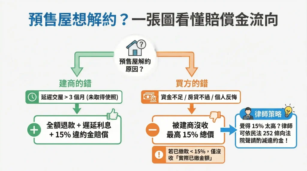 預售屋解約賠償機制流程圖：左側顯示建商延遲交屋逾3個月需全額退款並賠15%違約金；右側顯示買方違約沒收上限15%，但新竹律師劉昌樺可依民法252條協助向法院聲請酌減違約金。