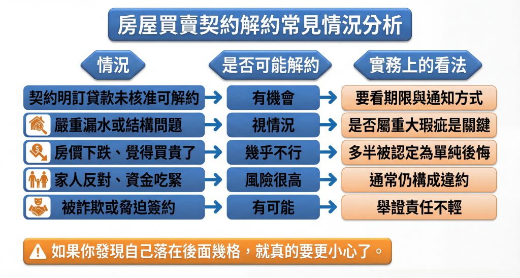 房屋買賣契約解約風險分析圖表：五種常見解約情境的成功率與法律實務看法。